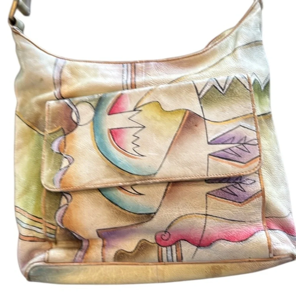 Vintage Handpainted Leather Manifique Hobo Bag with Braided Shoulder Strap